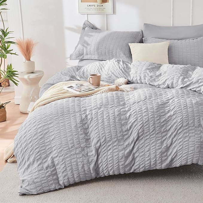 HYMOKEGE Light Grey Full Size Comforter Sets Seersucker 7 Pieces, All Season - Image 2