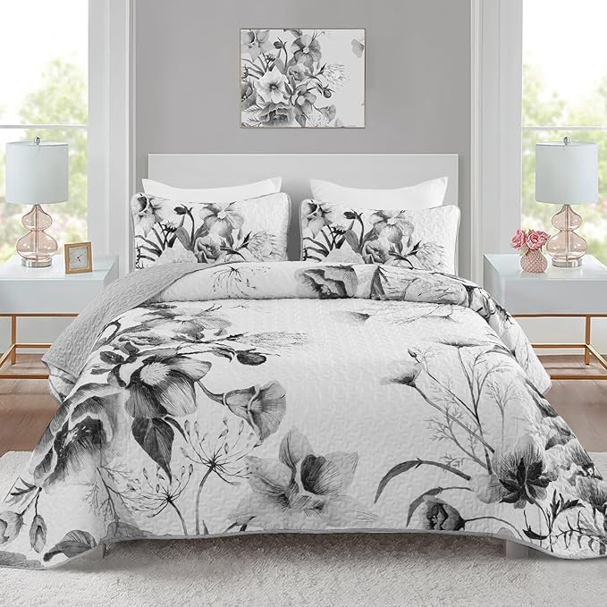 Floral Quilt Set California King 3 Pieces Grey Floral Quilt Coverlet Set Soft by DRUCON