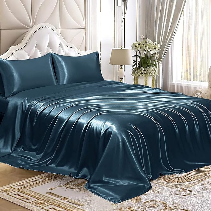 Homiest Deep Sea Blue Satin Queen Bedding Set, Luxury & Ultra Soft Top & Flat - Image 4