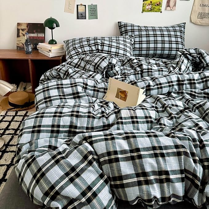 mixinni Vintage Grey & Pale Blue Buffalo Plaid Duvet Cover Set Queen Size - Image 8