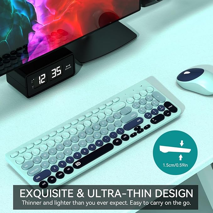 FD Wireless Keyboards and Mouse Combo - 2.4GHz USB Cordless, Cute Wireless Keyboard Round Keys, Quiet and Slim Set for Laptop, Computer, TV and Mac - Indigo Blue Colorful-DeskoryOffice