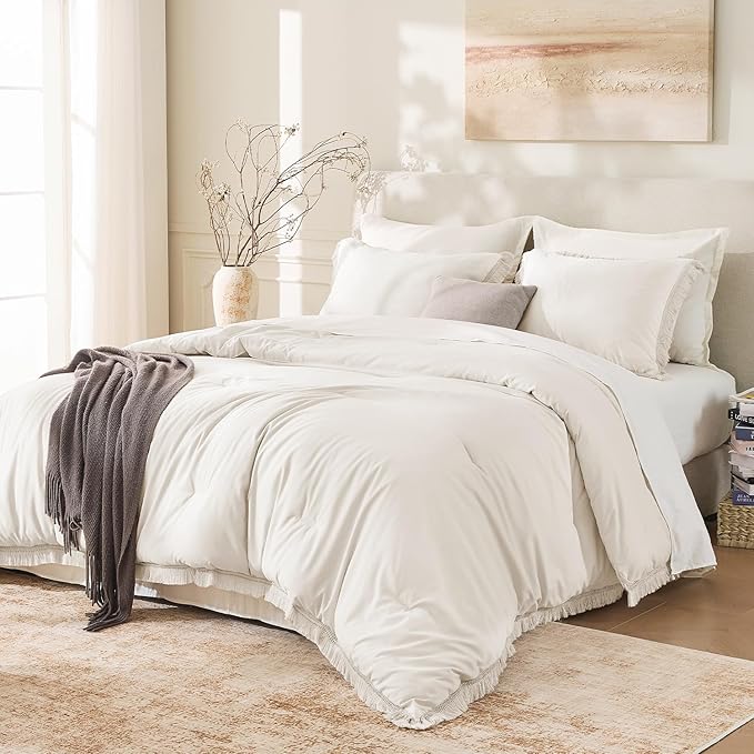 Andency Oversized King Size Comforter Set Beige 128x120, 3 Pieces Boho Soft by Andency