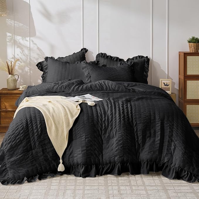 JOLLYVOGUE Black King Comforter Set, 3 Pieces Seersucker Comforters King Size by JOLLYVOGUE