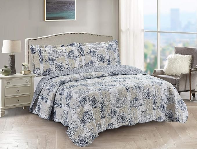 Brilliant Sunshine Blue Toile in Beige and Ivory Patches, 3-Piece Quilt Set by BrilliantSunshine