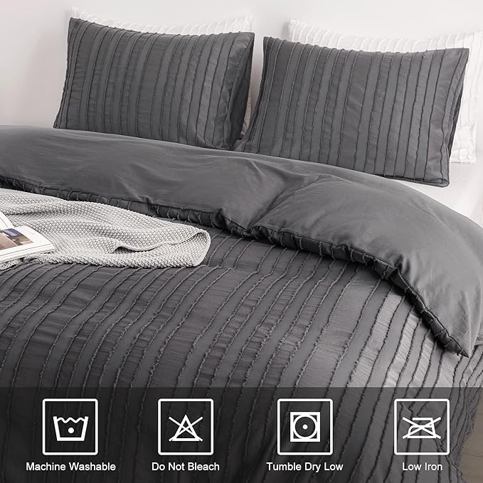 WARMDERN Gray Boho Duvet Cover Set Queen Size, Striped Textured Duvet Cover - Image 8