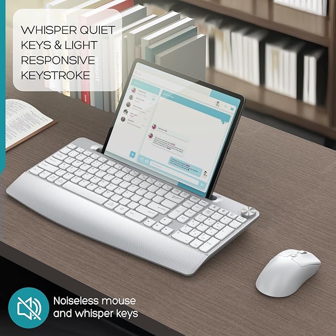 Wireless Keyboard and Mouse - Full-Sized Ergonomic Keyboard with Wrist Rest, Phone Holder, Volume Knob,2.4GHz Silent Cordless Keyboard Mouse Combo for Computer, Laptop, PC, Mac, Windows -White-DeskoryOffice