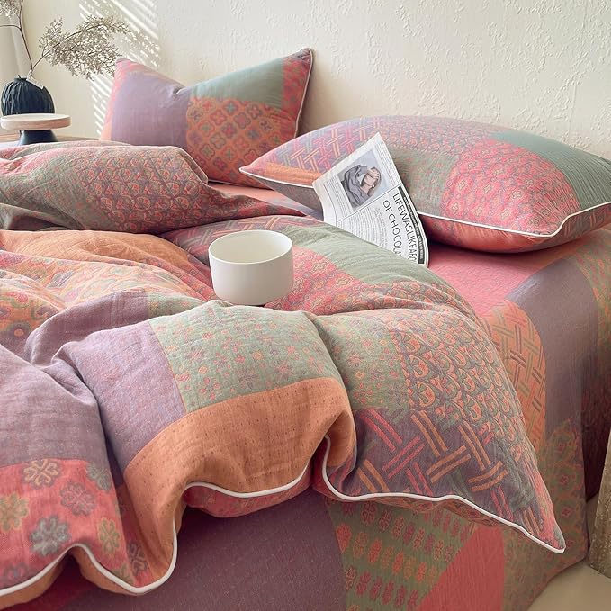 mixinni 100% Cotton Double Layer Yarn Duvet Cover Set, Vintage Patchwork Floral - Image 9