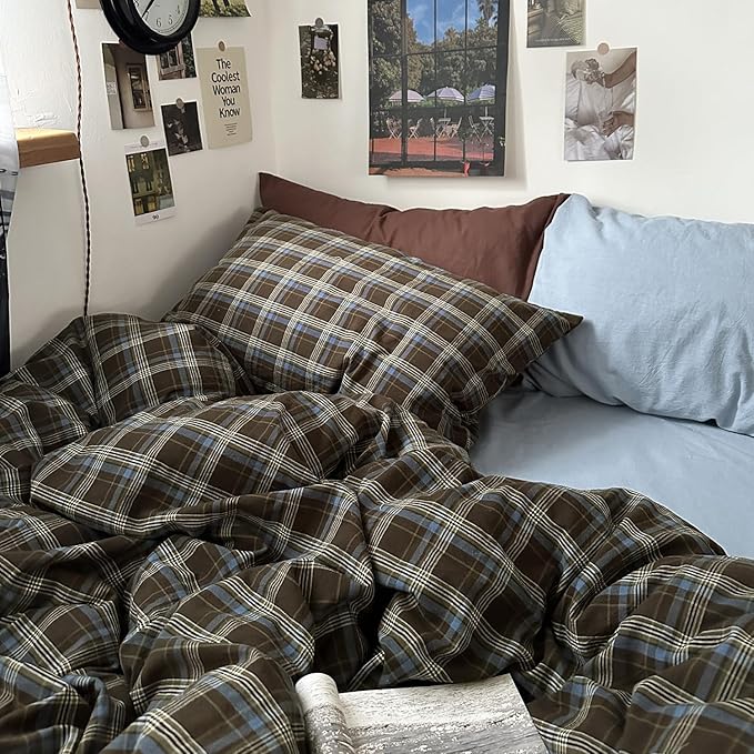 mixinni Vintage Brown & Blue Buffalo Plaid Duvet Cover Set Twin Size - Image 3