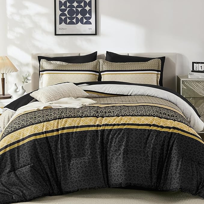 WONGS BEDDING Yellow Black Queen Comforter Set 7 Pieces, Boho Striped Bed in a - Image 2