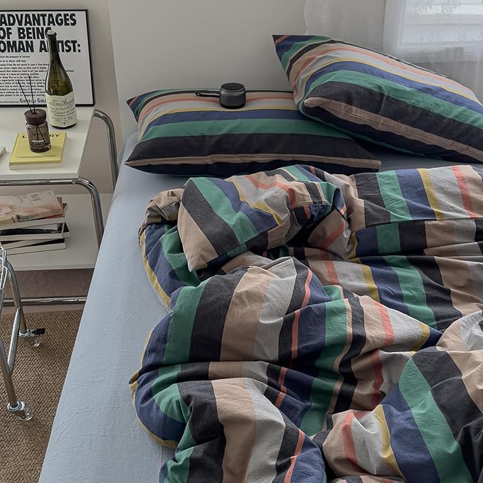 mixinni Vintage Striped Duvet Cover Full 100% Washed Cotton Bedding Set Retro - Image 8