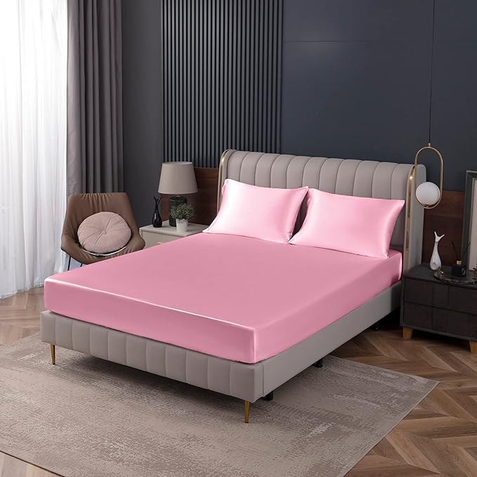 Homiest Pink Satin Fitted Sheet Queen Size, Deep Pocket, Luxury & Ultra Soft - Image 8