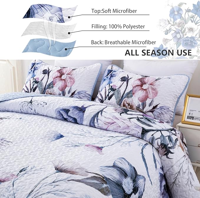 Floral Quilt Set King 3 Pieces Light Blue Floral Quilt Coverlet Set Soft - Image 5