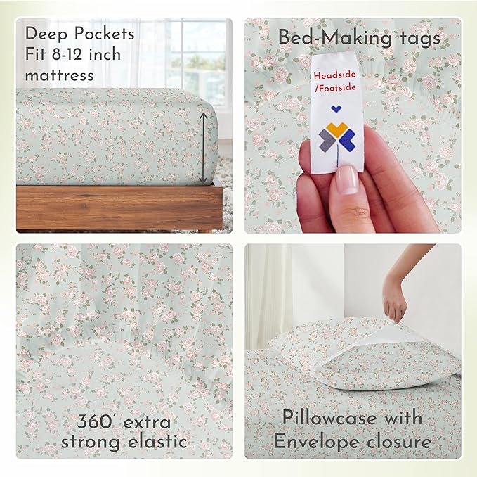 California Design Den Rose Sheet Set Twin, 100% Cotton 12" Pocket Twin Sheets & - Image 7