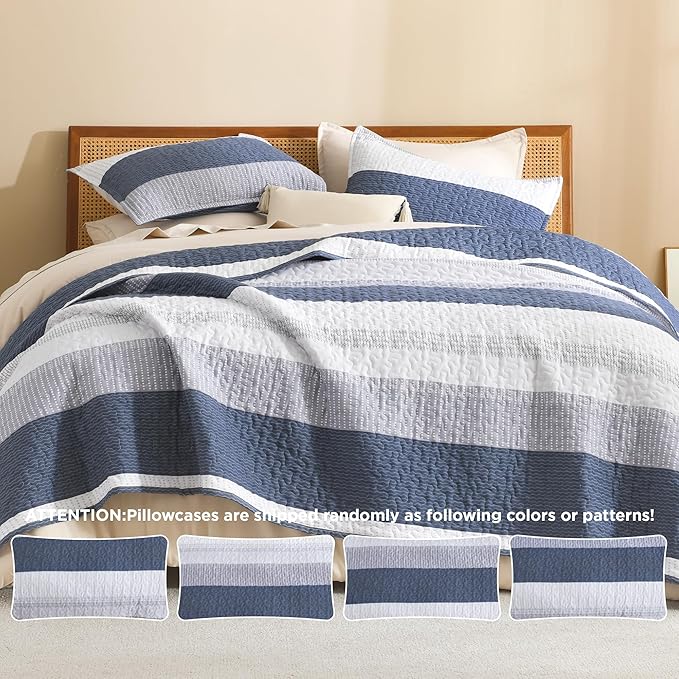 Litanika Oversized King Quilt Set Mineral Blue, 128x120 Stripe Bedspread - Image 5