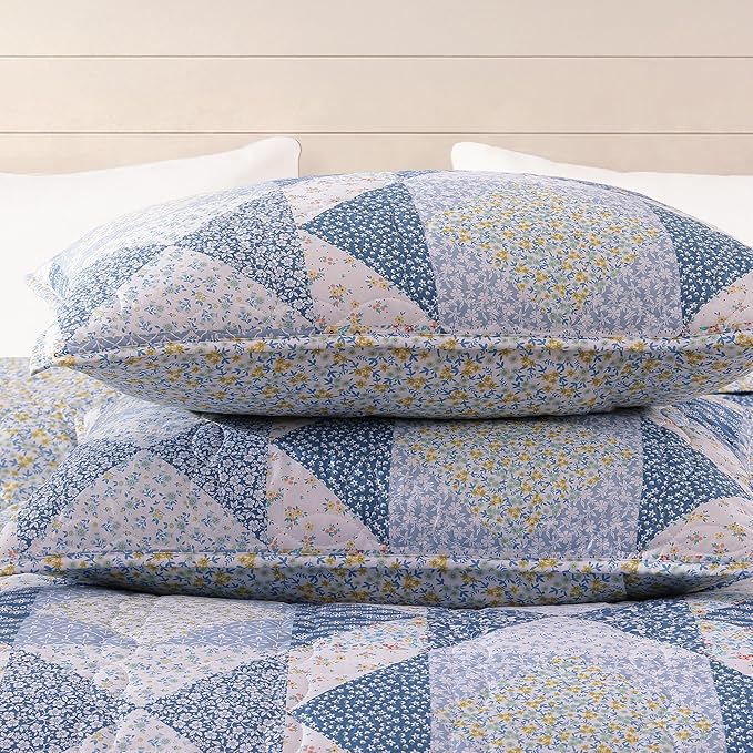 BLOOMHAVEN Quilt Set Queen Size, Patchwork Blue Marigold Floral Quilt Sets - Image 5