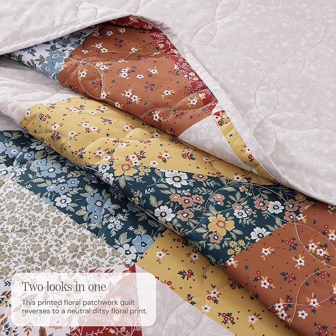 BLOOMHAVEN Quilt Set Queen Size, Patchwork Burnt Orange Floral Quilt Sets - Image 3
