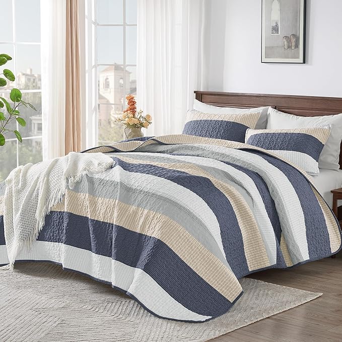 Andency California King Quilt Set Yellow Blue, 3 Pieces Ultra Soft Lightweight - Image 2