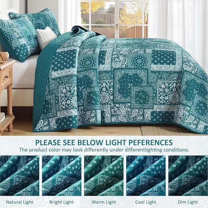 Cottolester Teal Patchwork Quilt Set King Size, 3 Pieces Boho Paisley Quilt Set - Image 5