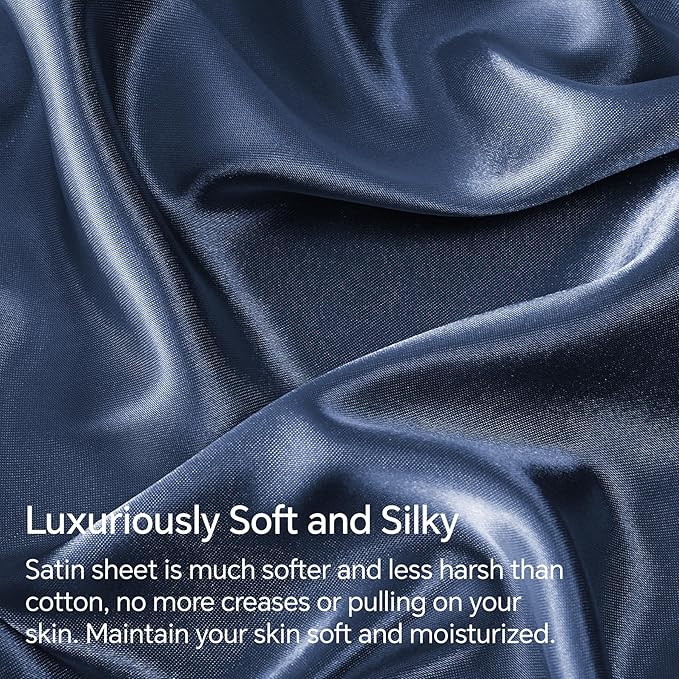BEDELITE Satin Sheets Twin Size Bed Set, Luxury Soft Navy Silky Sheets - Image 3