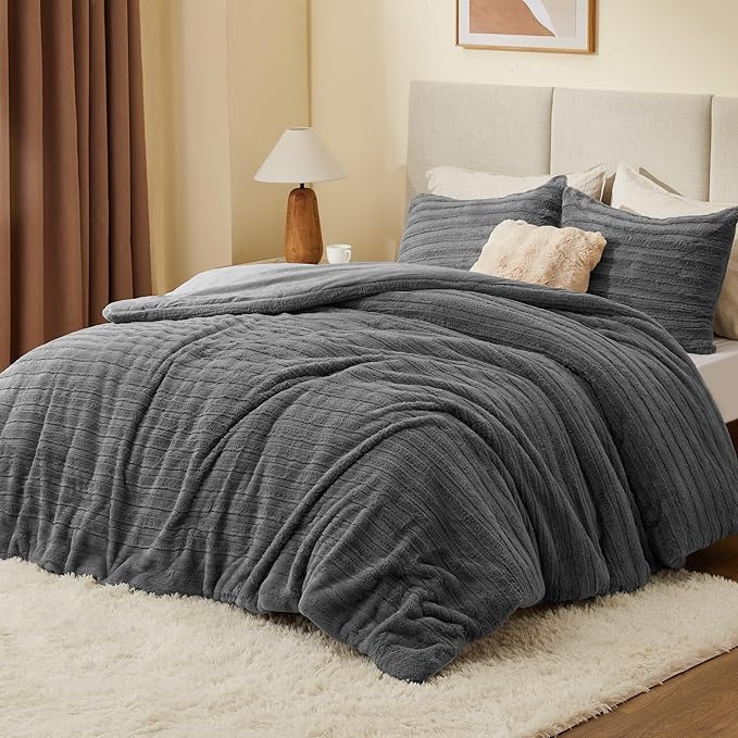 BEDELITE Fleece Twin Comforter Set -Super Soft & Warm Fluffy Grey Faux Fur - Image 2