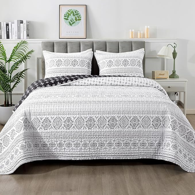 Andency Black White Quilts Queen Size, 3 Pieces Queen Quilt Bedding Set Boho by Andency