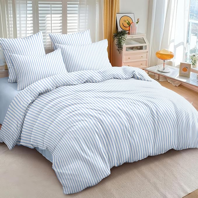 Nayoroom Blue Striped Duvet Cover King Size White Stripe Duvet Cover Dorm - Image 2