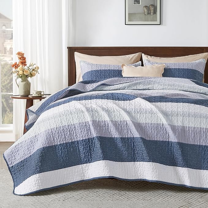 Andency Oversized King Quilt Set Mineral Blue, 128x120 Stripe Bedspread by Andency