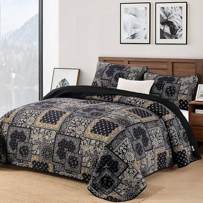 Cottolester Boho Patchwork Quilt Set King Size, Paisley Floral Bedding Set Soft - Image 2