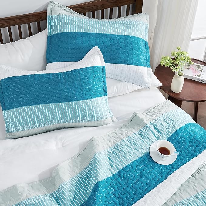Andency Teal and White Striped Quilt King, 3 Pieces Patchwork Bedspread - Image 3