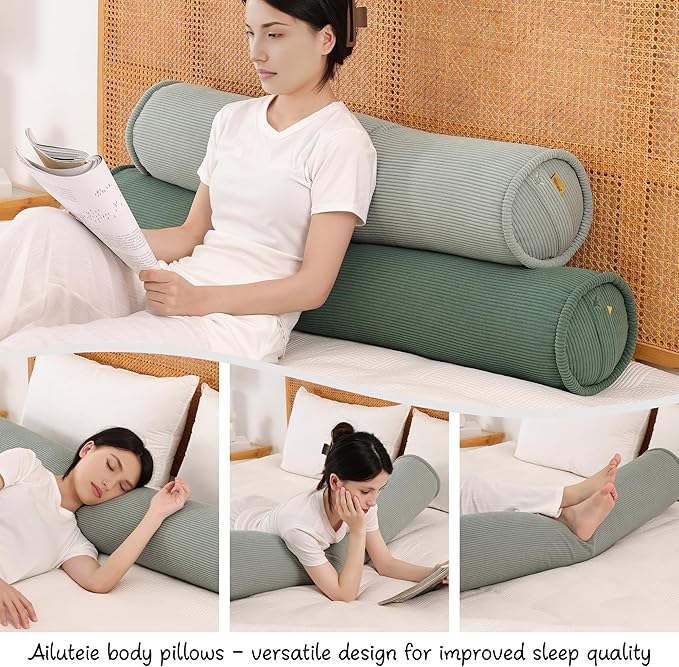 Long Bolster Pillow for Bed – Soft Corduroy Body Pillow for Adults, Ergonomic Full-Length Support for Better Sleep,59 x 7.87 Inches,Grey Green