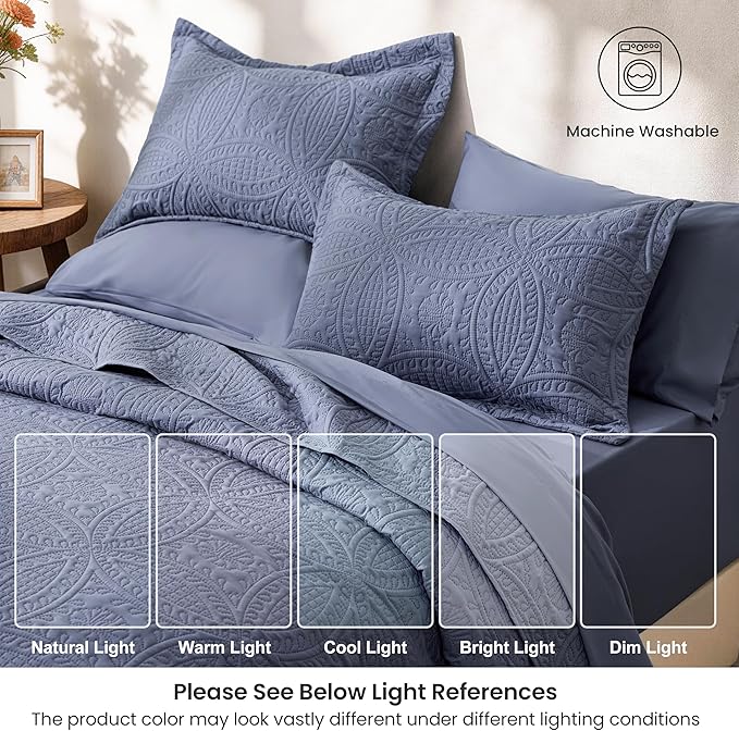 Love's cabin Queen Quilt Set Bluish Grey, Bed in a Bag Queen Bedding 7 Pcs - Image 6