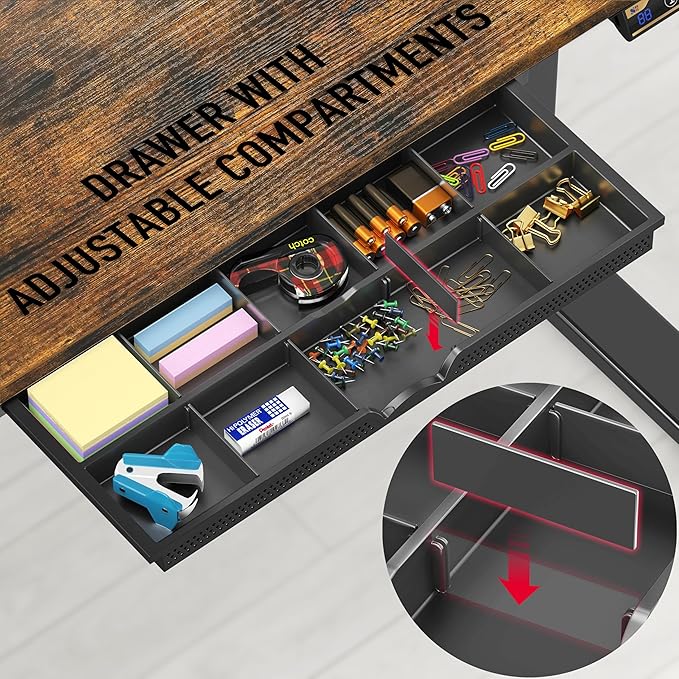 SHW 48-Inch Electric Height Adjustable Standing Desk with Drawer, Memory Preset and Cable Management Tray, Rustic Brown-DeskoryOffice