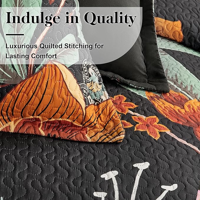 Tyrot 3 Piece Black Boho Floral Californial King Quilt Sets Reversible - Image 4