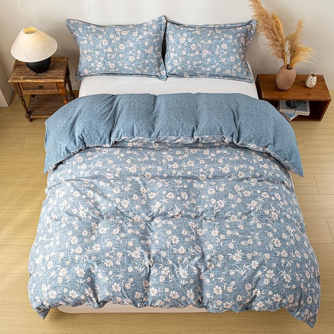 OAITE Blue Flower King Size Duvet Cover-3 Pieces Prewashed Cotton-Like - Image 6