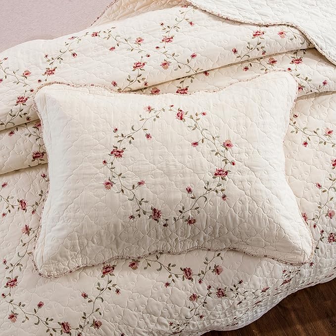 Quilt Set Floral Leaves 3D Embroidery Pattern 2 PCS Cotton Reversible Quilted - Image 3