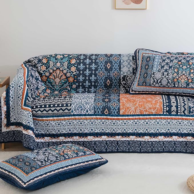 WONGS BEDDING Navy Blue Quilt Set King Size, Bohemian Patchwork Bedspread - Image 8