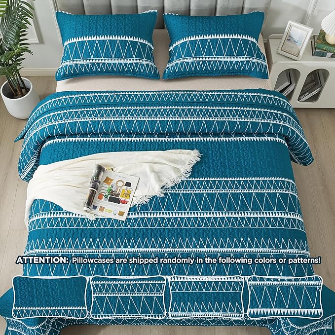 Andency Teal California King Quilt Set, 3 Pieces Boho Lightweight Soft Striped - Image 6
