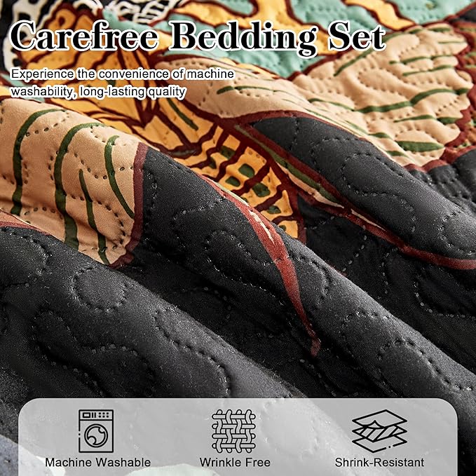 Tyrot 3 Piece Black Boho Floral Californial King Quilt Sets Reversible - Image 7
