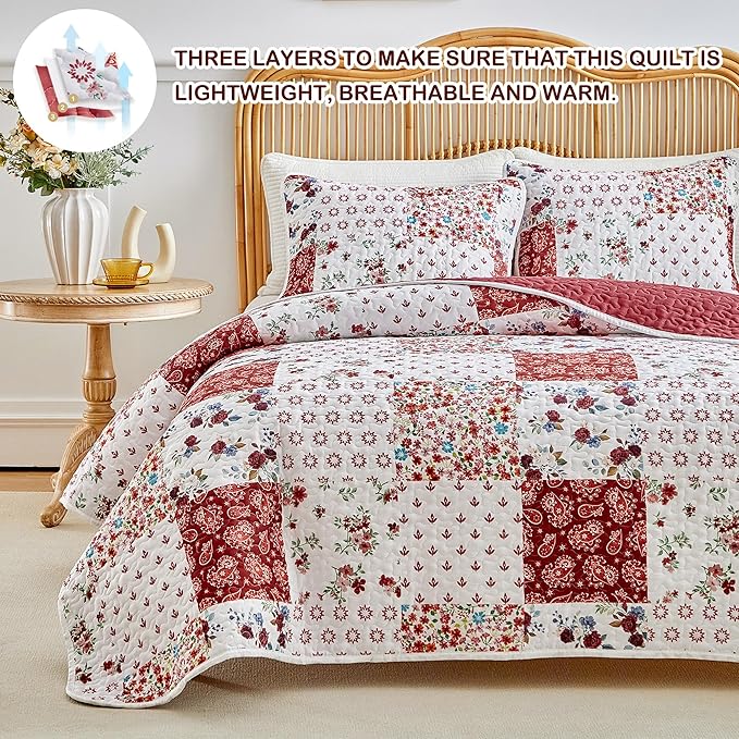 Joyreap 3 Pieces Floral Patchwork Quilt Set Twin, Burgundy Red n White Flowers - Image 3