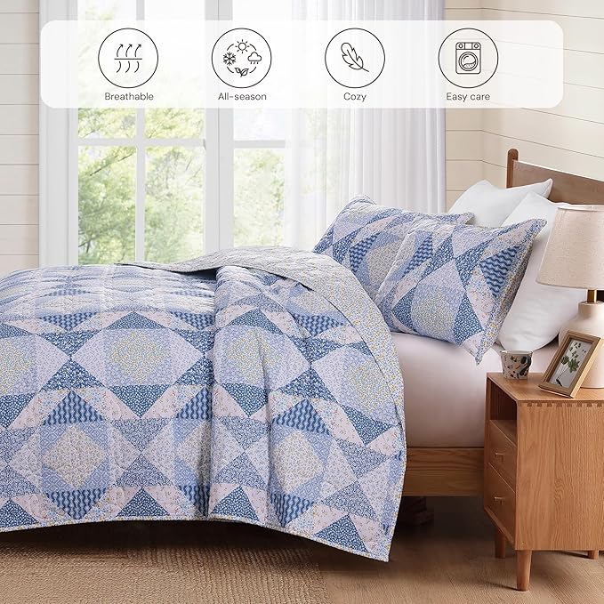 BLOOMHAVEN Quilt Set Twin Size, Patchwork Blue Marigold Floral Quilt Sets - Image 4