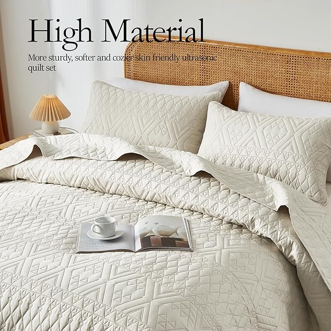 akkialla King/Cal King Quilt Set, Boho Style in a Solid Color, Cream - Image 3