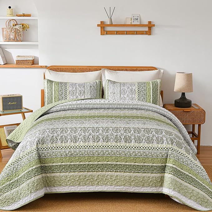 WONGS BEDDING Boho Quilt Set King Size, Sage Green Bohemian 3 Pieces Quilt Sets by WONGSBEDDING
