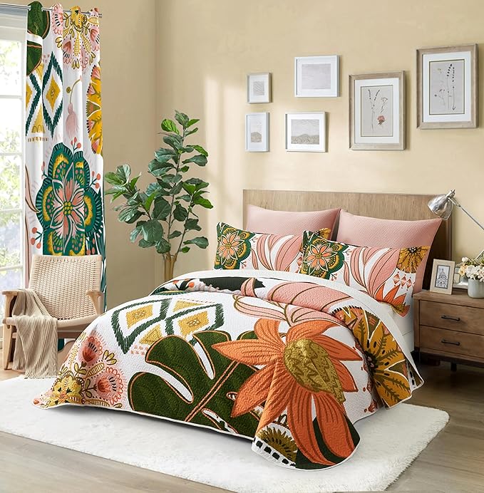 Tyrot 3 Piece Boho Floral Californial King Size Quilt Sets Farmhouse Reversible - Image 2