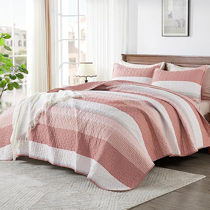 Andency Queen Quilt Bedding Set Blush Pink, 3 Pieces Patchwork Summer Striped - Image 2