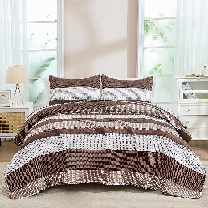 Andency Queen Quilt Bedding Set Brown, 3 Pieces Patchwork Coffee Striped Ultra - Image 8
