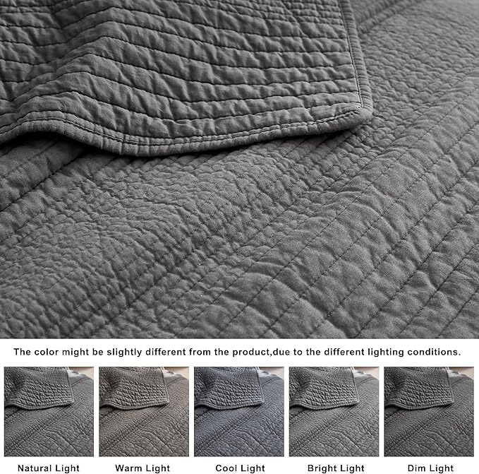 palassio Striped Dark Grey 100% Cotton Quilt Twin Size Bedding Sets, - Image 6