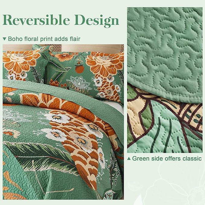 Tyrot 3 Piece Sage Green Boho Floral Full/Queen Quilt Sets Farmhouse Botanical - Image 3