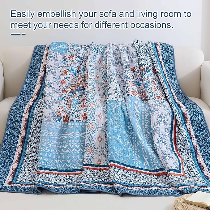 WONGS BEDDING Blue Quilt Set Queen Size, Bohemian Patchwork Bedspread Coverlet - Image 7