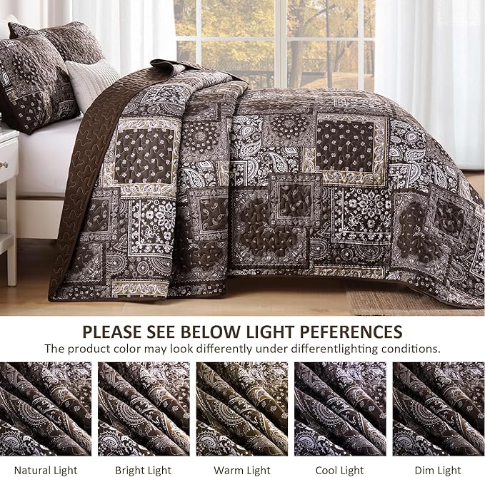 Cottolester Brown Patchwork Quilt Set King Size, 3 Pieces Boho Paisley Quilt Set - Image 5