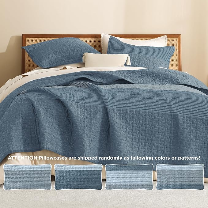Litanika Quilt King Size Blue Linen, Stripe Patchwork Summer Bedspread Coverlet - Image 5